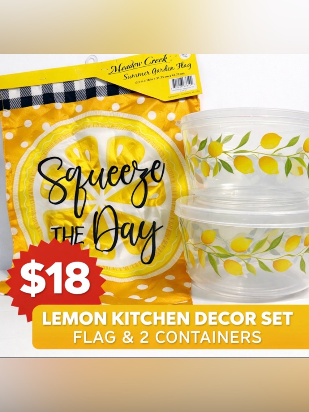 Lemon Kitchen Decor Set Flag + 2 Containers Summer Farmhouse (Bin51)